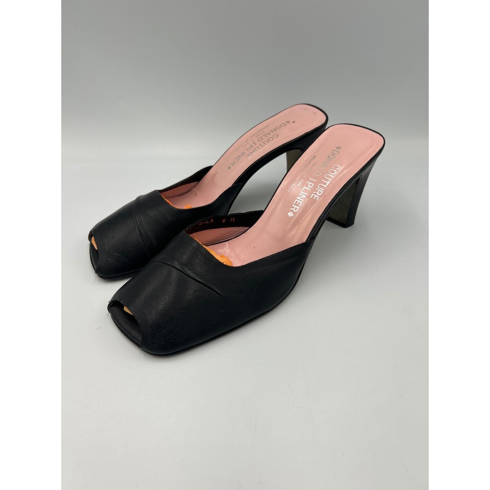 Donald J Pliner Couture Black Leather Mules Square Open Toe Block Heel Italy 8M